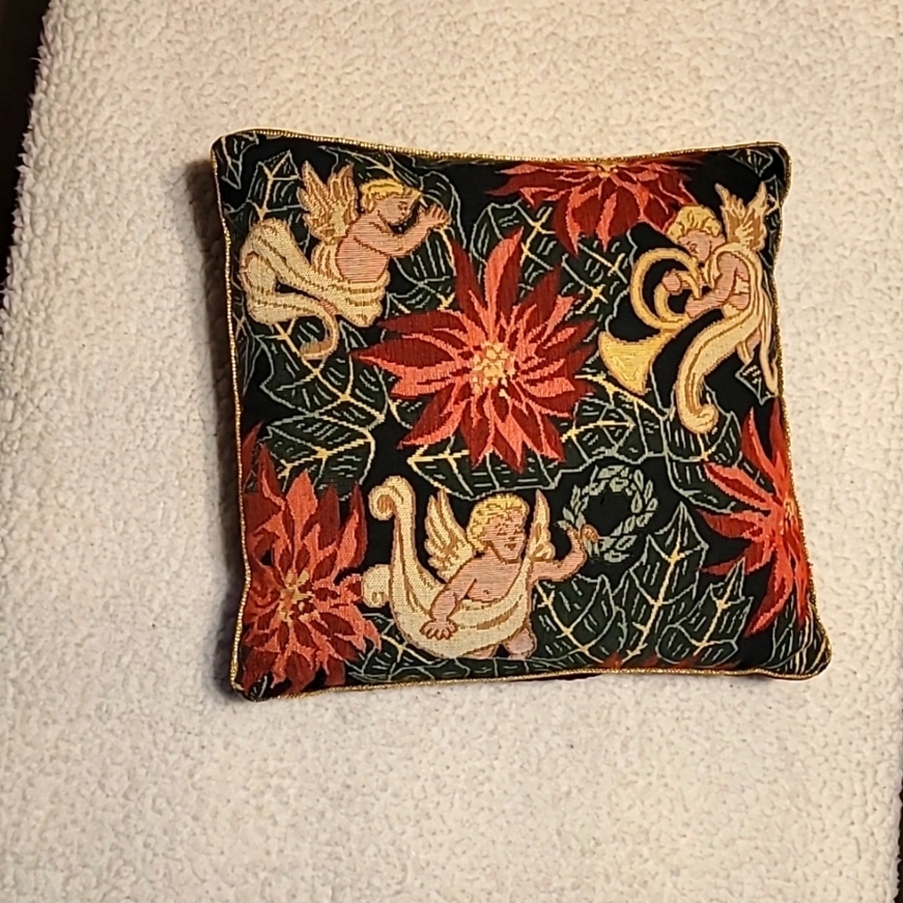 VTG Christmas Pillow by Tapisserie Tapestre Small Burgundy Red /‎ Angel/floral
